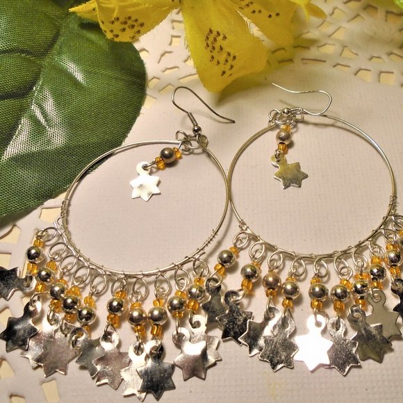 Handmade NEW Boho Dangle Seed Bead & Star Fringe earring, Dangle hoop earrings, - Picture 3 of 8